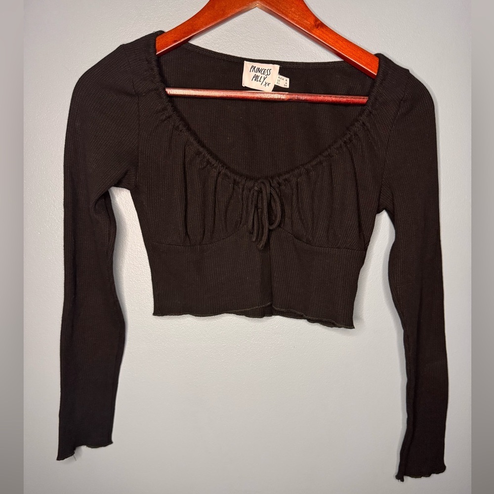 Princess Polly Black Long Sleeve Crop Top Ruched Tie Front Minimalist | Size 4